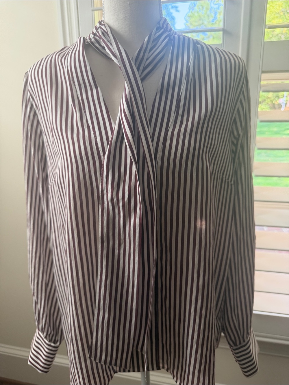 Maeve Striped Bow-Tie Long Sleeve Blouse - Maroon & White